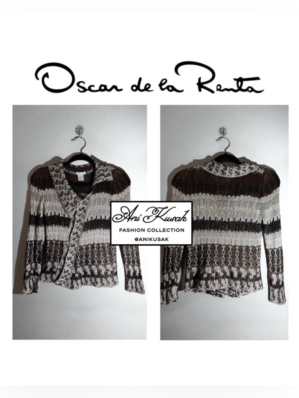 Oscar de la Renta Brown & Bronze Silk Knit Cardigan